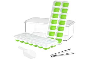 DOQAUS Ice Cube Tray with Lid and Bin, Upgraded Silicone Ice Cube Trays for Freezer with Container Ice Cube Maker Stackable Easy Release, 2 Pack Ice Trays & 1 Pack Ice Bucket Tong Scoop