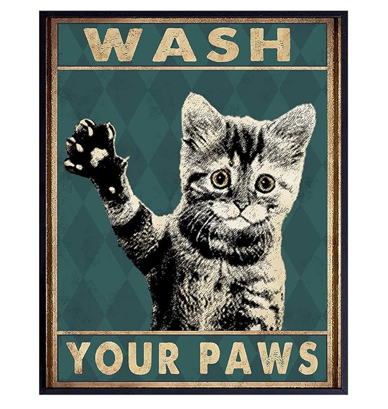 Funny Tabby Cat Bathroom Decor Wash Your Hands Sign Bathroom Decor Cat Wall Art