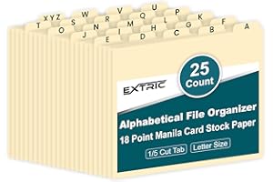 EXTRIC Alphabetical File Organizer, File Cabinet Dividers Letter Size, 25 Heavyweight Manila Guides A-Z Dividers with Tabs, 1/5 Cut Tab Positions Filing Cabinet and Desk Organizer