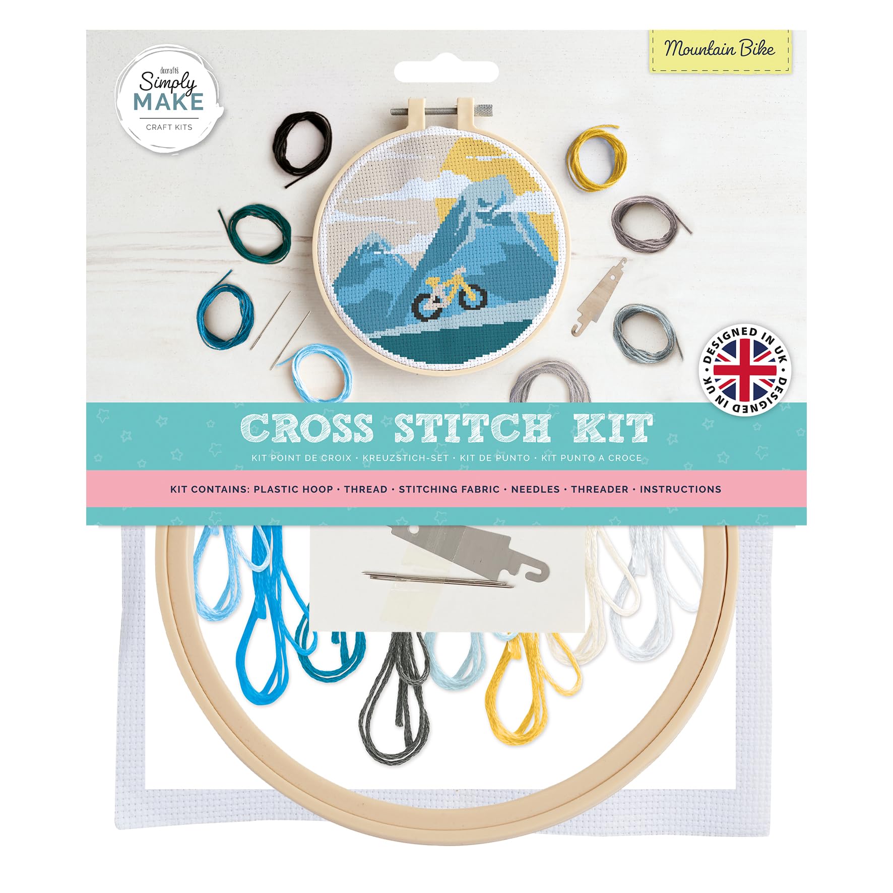 Simply MAKE Cross Stitch Kit Mountain Bike Design, Kids & Adults, Hoop, Embroidery Thread, Adult Crafts, Beginners Craft Kit