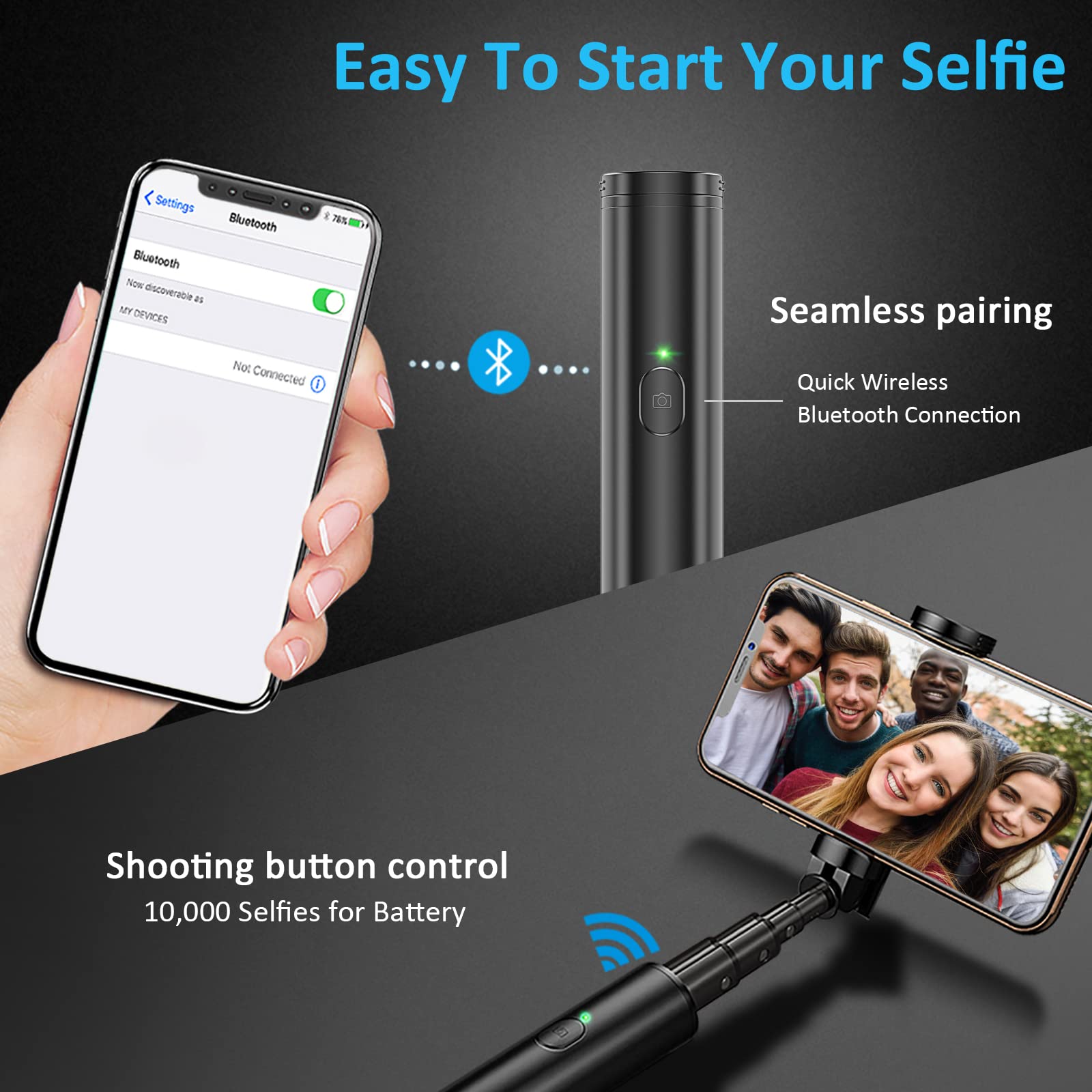 Selfie Stick Bluetooth, Lightweight Aluminum All in One Extendable Selfie Sticks Compact Design, Compatible with iPhone 17/16/15/14 Pro Max/14 Pro/14/14 Plus/13 Pro Max/13 Pro, Galaxy S22