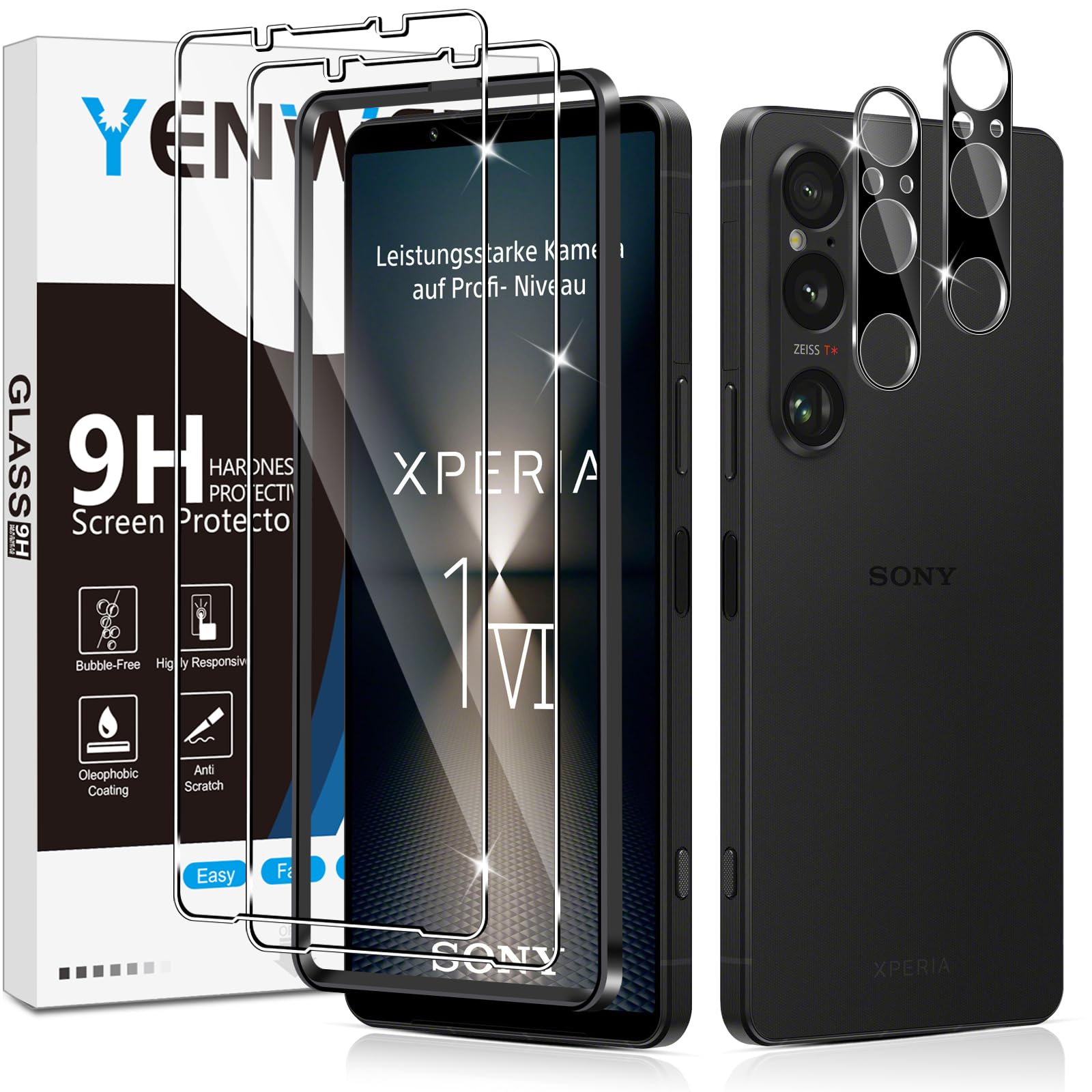Yenwen Screen Protector for Sony Xperia 1 VI for Tempered Glass, Pack of 2 Tempered Glass Screen Protectors with 2 Camera Protection, 9H Hardness Protective Glass Anti-Scratch Glass Mobile Phone Film