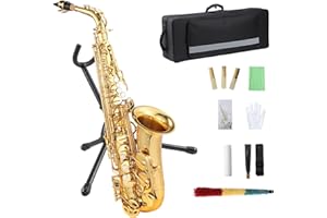 E Flat Alto Saxophone, AS-100 Alto Saxophone with Mouthpiece, Reeds, Stand, Case, Cleaning Cloth, Gloves and Brush, Gold Alto