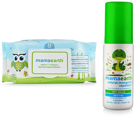 Mamaearth Indias First Organic Bamboo Based Baby Wipes (72 Wipes) & Natural Insect Repellent for Babies (100 ml) Combo
