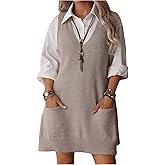 OYOANGLE Women's V Neck Sleeveless Sweater Vest Dress Fall Knitted Short Jumper Dresses with Pockets
