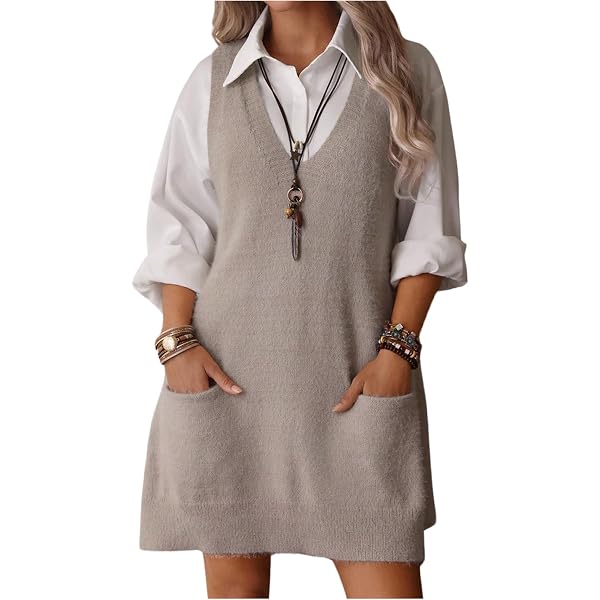 grey sweater vest dress Zeagoo Women Pattern Sweater Vest Dress Blue Knit Pullovers Dress V Neck  Sleeveless Sweater Dress with Pockets 2026, Blue Houndstooth S at Amazon  Women's Clothing store