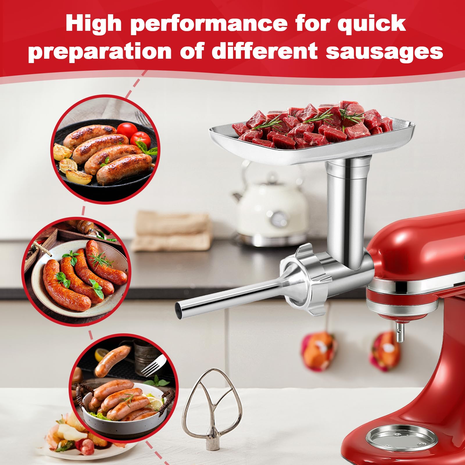 Meat Grinder Attachment for KitchenAid Stand Mixer – Metal Food Grinder with 4 Grinding Plates, 3 Sausage Stuffer Tubes & 2 Blades – Compatible with KitchenAid Mixers (Mixer Not Included)