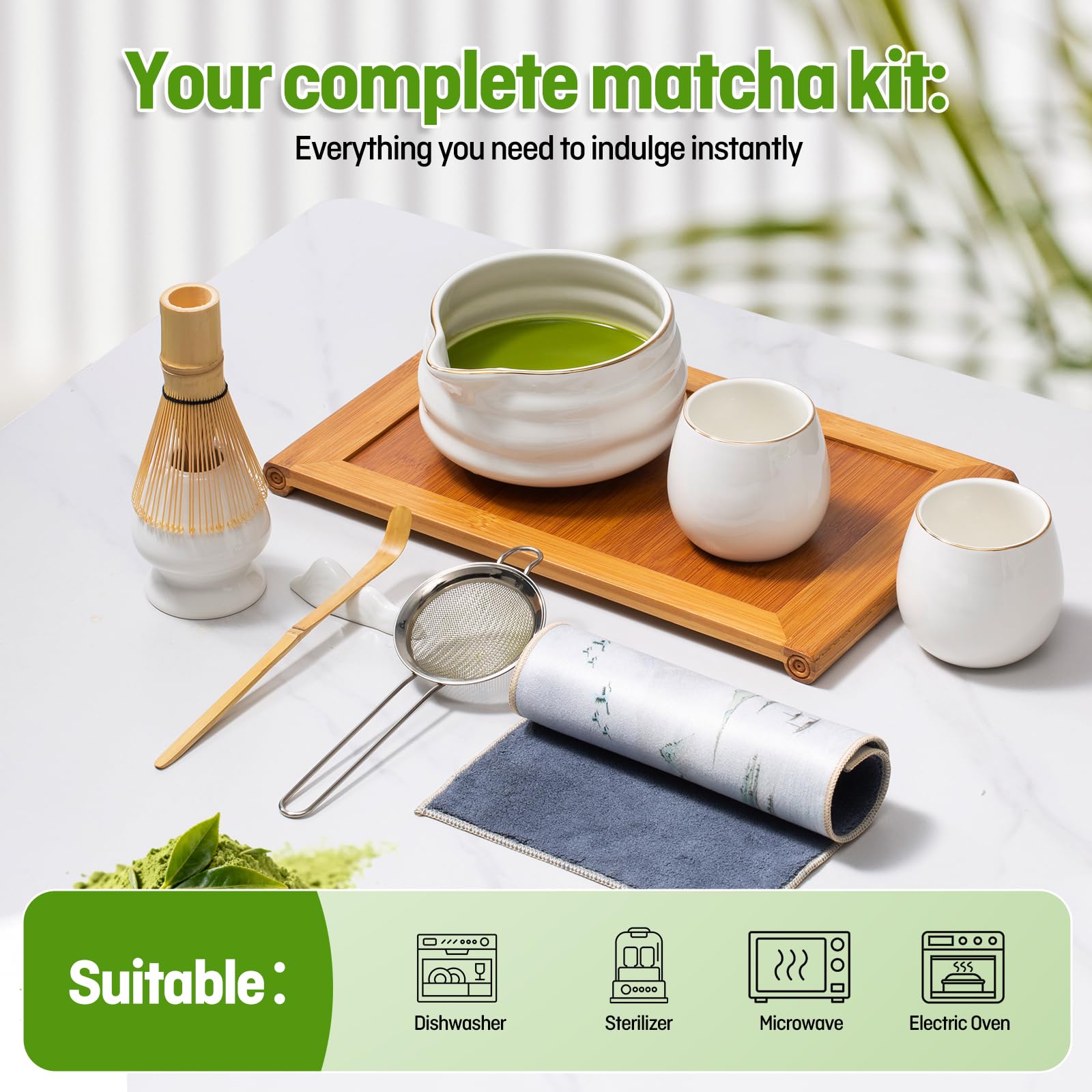 Matcha set - 9 Stück Japanisches Tee-set Inkl Chawan mit Ausgießer, 2 tazze, Schaufel, Halter, Sieb, Matchabesen das perfekte Geschenk für Japanische Teezeremonie-Liebhaber