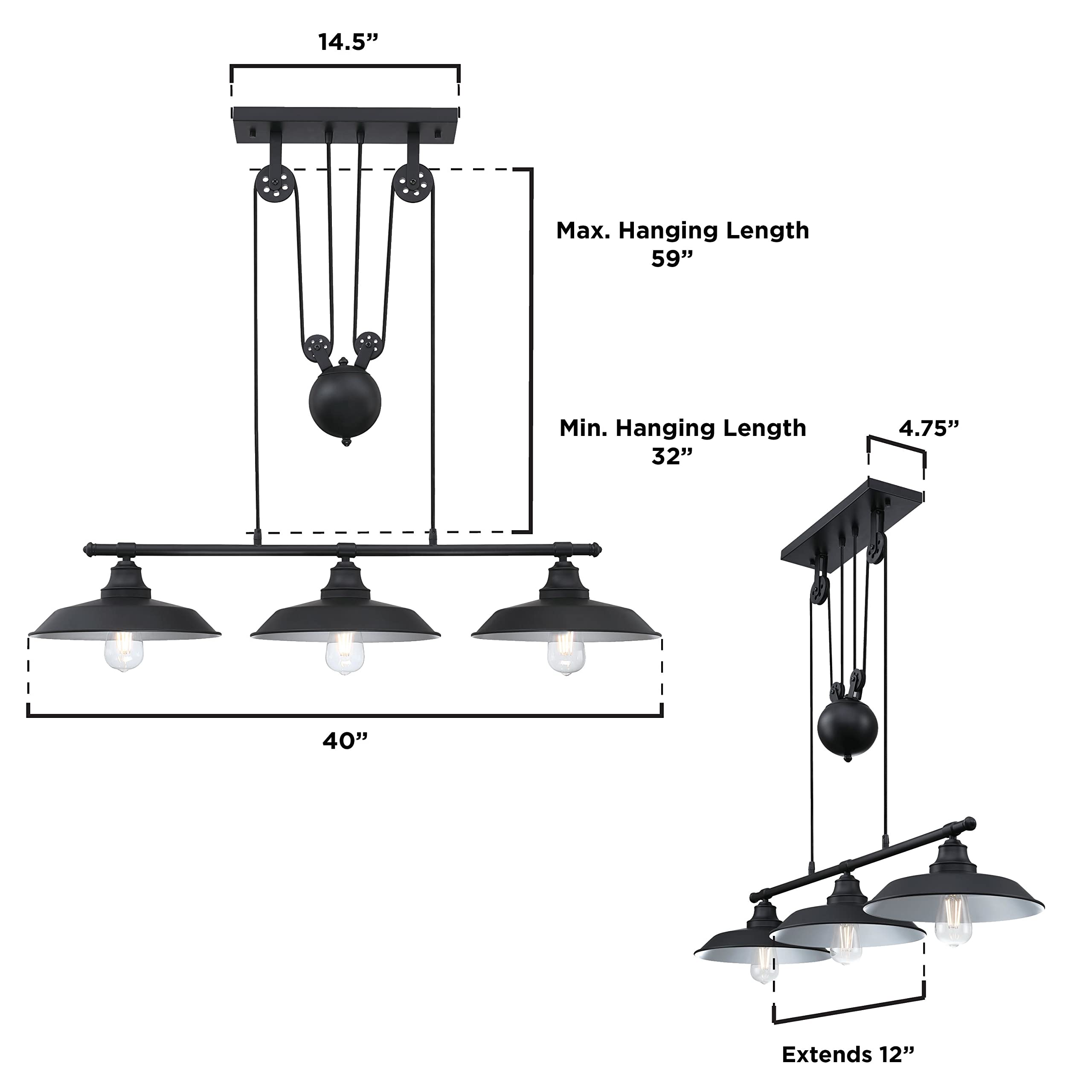Westinghouse 6129400 Iron Hill Vintage-Style Three Light Indoor Pulley Pendant, Matte Black Finish