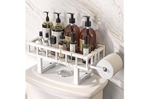 Cozivolife Bamboo Over The Toilet Storage Shelf, Non-Trace Adhesive Bathroom Organizer Shelf with Paper Rolls Holder and Hooks, Above WC Rack Space Saver (White, S)