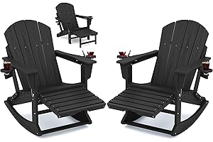 KINGYES Adirondack Rocking Chair Set of 2 with Retractable Ottoman and Cup Holders, HDPE Adirondack Rocker Patio Rocking Chair for Porch, Patio, Balcony, Black