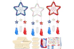 Fennoral 6 Pack Star Dream Catcher Kit for Kids Paint You Own 4th of July Craft DIY Coloring Wooden Patriotic Star Ornaments for Art Activity Independence Day Decorations
