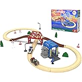 Wooden Train Set for Toddlers, 52Pcs Train Toy with Railway Track for Kids, Wooden Train Tracks Include Expansion Pack Compatible with Thomas, Brio, Chuggington