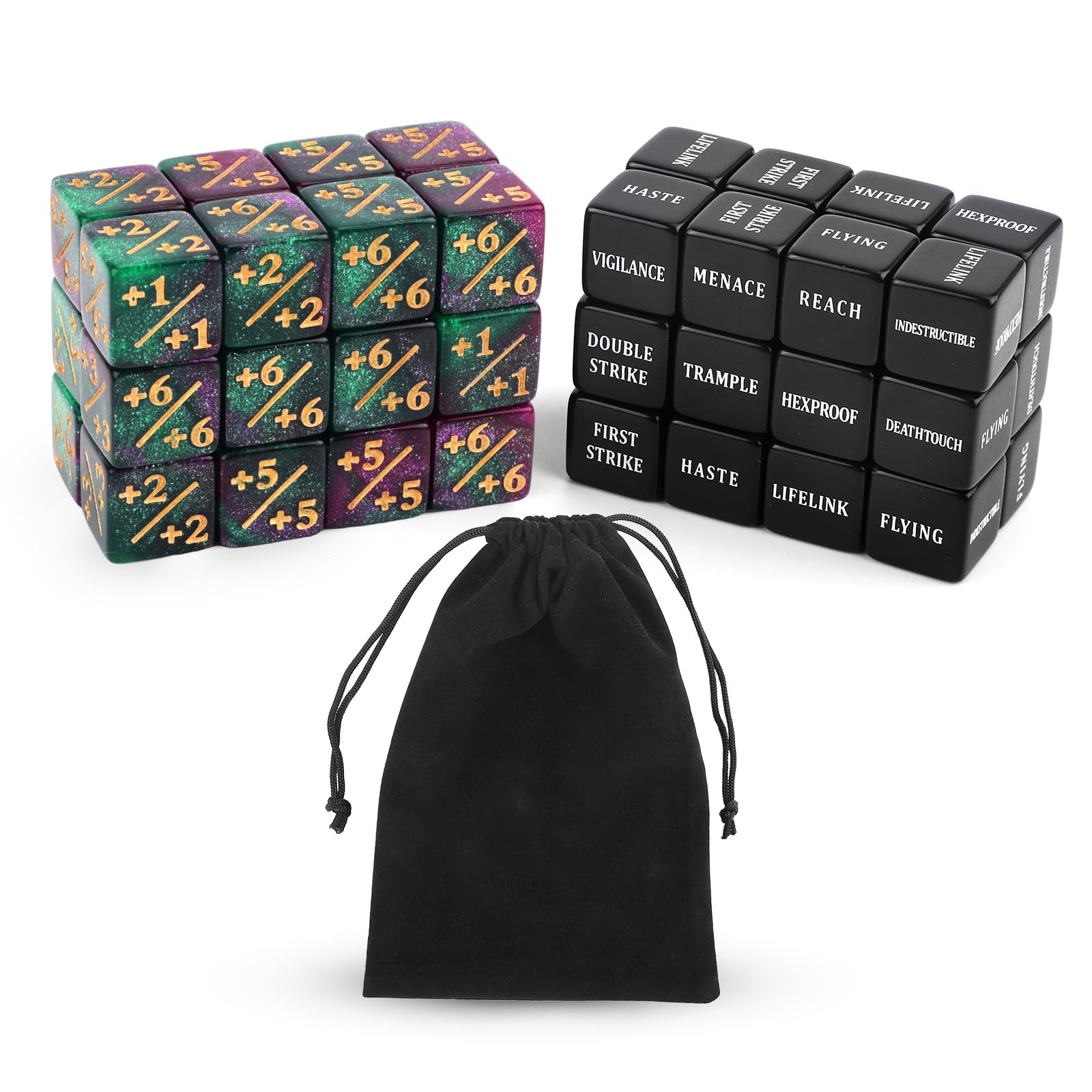 BOXOB 48pcs Abilities Keywords Counter Dice, Acrylic Creature Stats Buff Loyalty Dice Tokens Bulk with Velvet Pouch Magic Life Counters Set for MTG TCG RPG Card Gaming Accessories