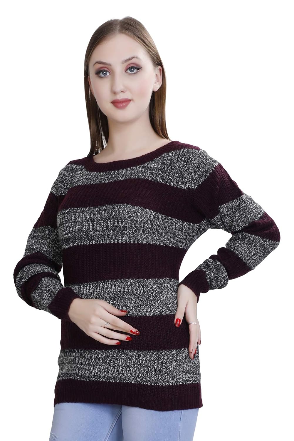 oleta- women's acrylic striped sweater/pullover with round neck purple
