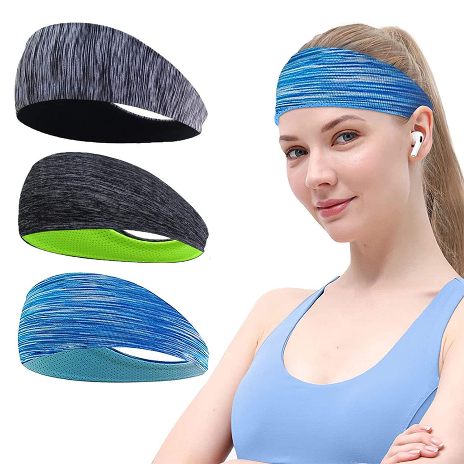 3 Pieces Sports Yoga Hair Bands, Wide Sports Headbands, Wide Hair Sweat Band, Breathable Mesh Yoga Headband for Running, Gym, Walking, Cycling, Exercise (3 Color)