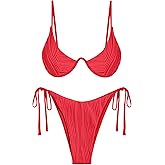 ZAFUL Women's Bikini Sets Ribbed Two Piece Swimsuits Underwire Adjustable Back Clasp Bathing Suit Side Tie Thong Swimwear