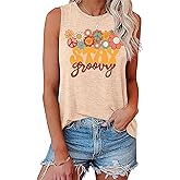 Retro Stay Groovy Tank Top Women Floral Graphic Tee Hippie Vintage 70s Disco Peace Casual Sleeveless Top