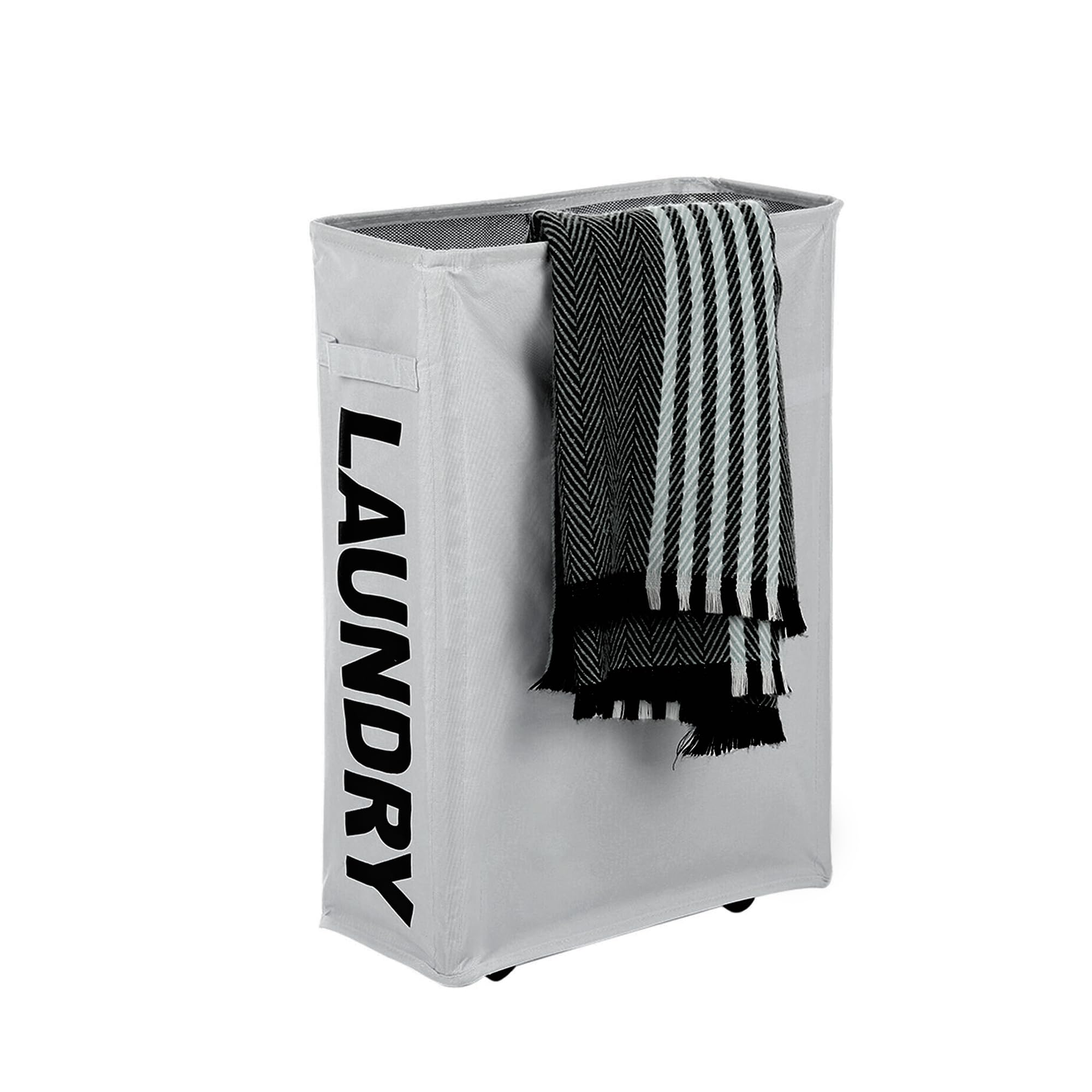 Rolling Laundry Basket Light Grey | 4 Wheels Collapsible Slim Hamper | Foldable Narrow Clothes Bin with Mesh Lid | Moisture Proof Oxford Fabric Laundry Organizer