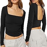 Selene Womens Y2K Long Sleeve Sexy Backless Crop Tops Square Neck Tie Back Slim Fit Going Out T Shirt Top