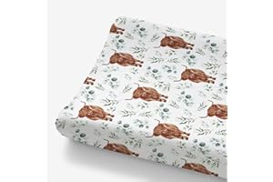 HawSkgFub Highland Cow Eucalyptus Leaf Changing Pad Cover for Baby Girl Boy, Natural Western Farm Animal Diaper Change Table Covers, Soft Stretchy Safe Snug Fitted Changing Mat Sheet Fit 32"/34" x 16"