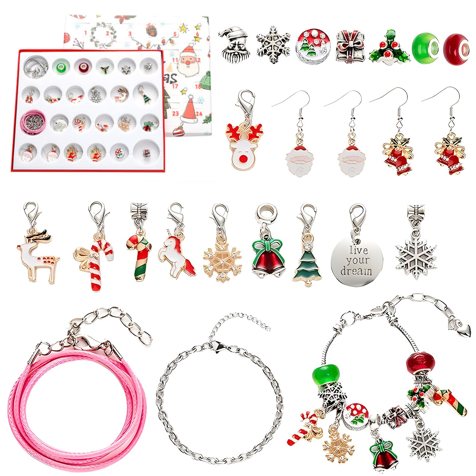 Christmas Jewellery Kit for Gift, Advent Calendar 24 Days of Christmas Countdown Calendar DIY Charm Bracelet Making Kit, Xmas Girls Jewelry Gift Set Including Charms Beads, Earrings, Necklace (Silver)