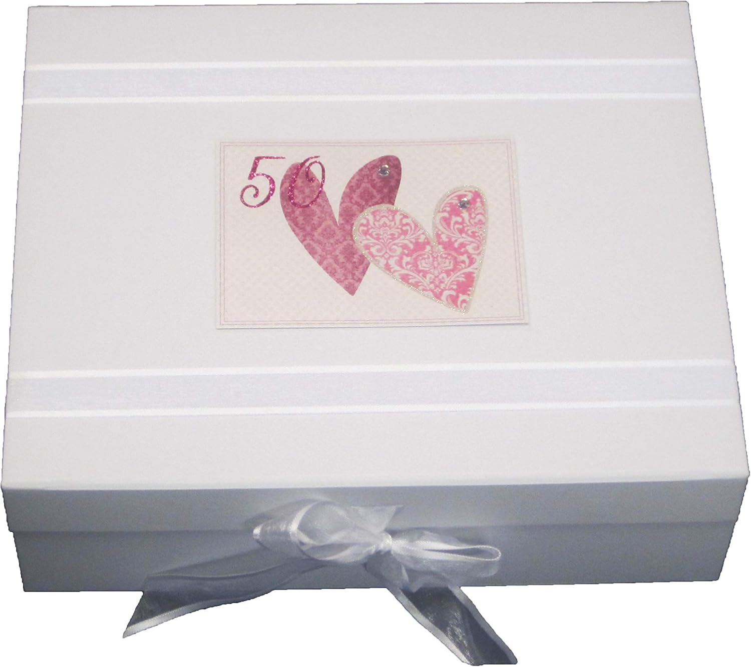 White Cotton Cards "50" Birthday Memories, Love Hearts Design Large Keepsake Box (SSHA50X)