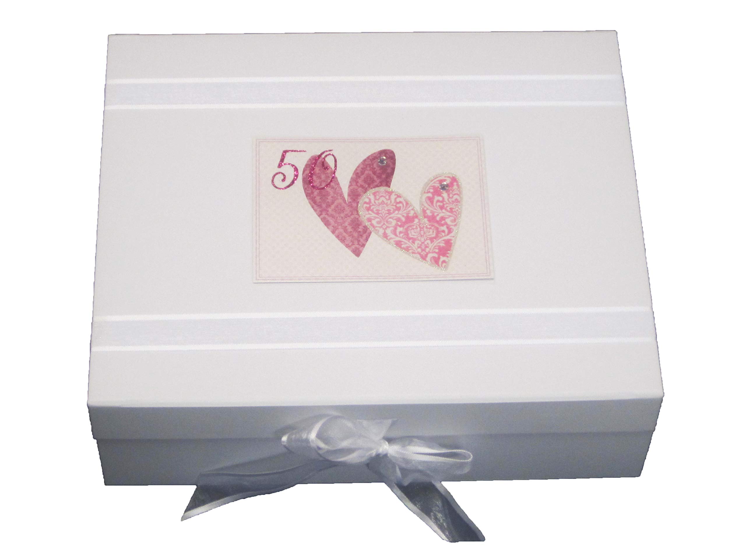 White Cotton Cards "50" Birthday Memories, Love Hearts Design Large Keepsake Box (SSHA50X)