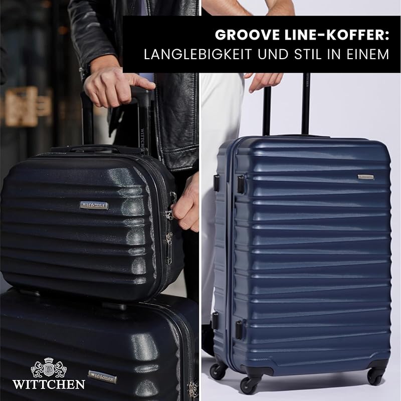 Reisekoffer 4er Koffer-Set Rollkoffer Trolley Handgepäck Gepäck Reisekoffer Set Hartschale aus ABS 4 Spinner-Rollen Zahlenschloss Groove Line Marineblau Lufthansa/Eurowings/Ryanair/Condor
