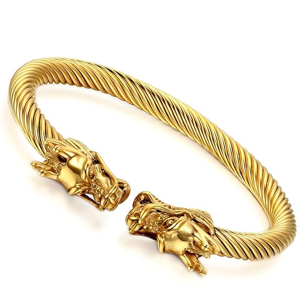 Flongo Herren Armband Damen Armreif, Edelstahl Armband Armreifen Manschette Gold Silber Drahtseil Drachen Elegant Polished Mä