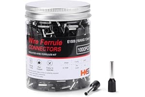 HKS 1000PCS Wire Ferrule Connectors - AWG 16-1.5mm² Copper Barrel Pin Cord Ends Insulated Ferrules Terminals - E1508 Black