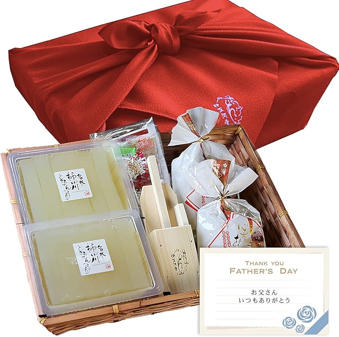 Amazon 父の日 ギフト 伊豆河童 柿田川名水ところてん 6人前 あんみつ 2個 竹籠風呂敷包み セット 突き棒付 メッセージカード付き 伊豆河童 食品 飲料 お酒 通販