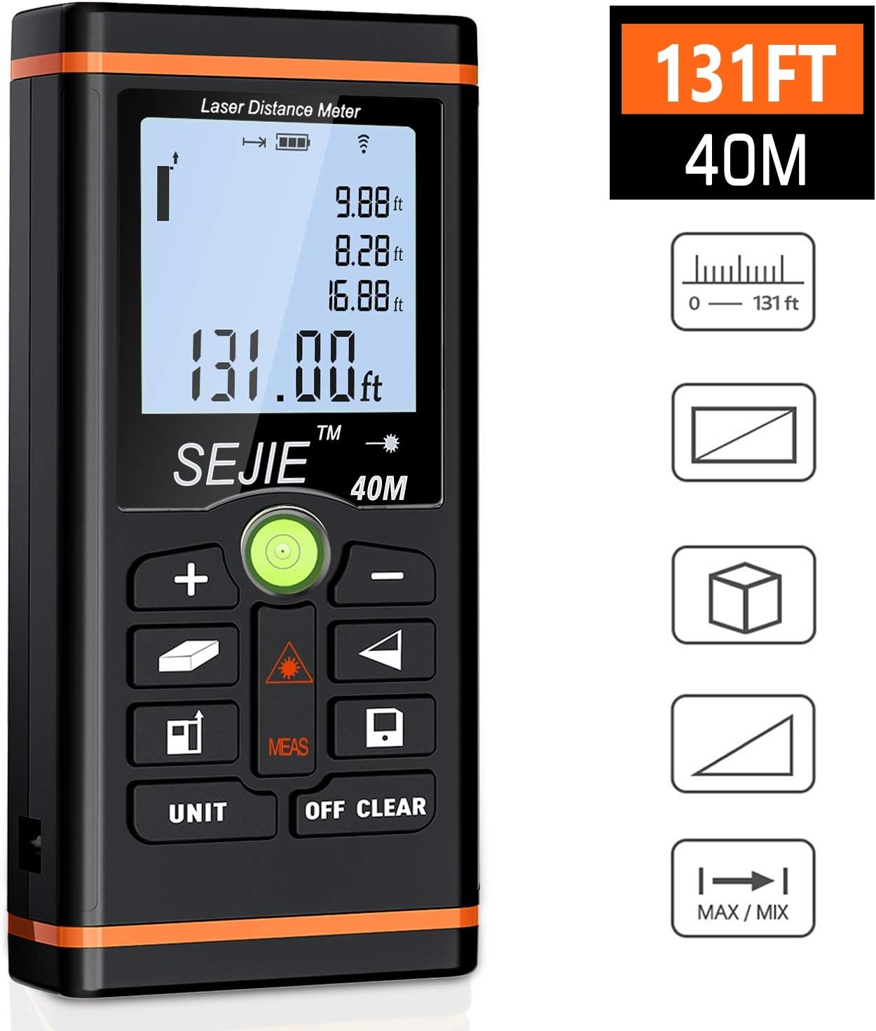 ESYWEN Laser Measure 131ft M/In/Ft Digital Laser Distance Meter with Bubble Level, Backlit LCD and Pythagorean Mode, Measure Distance, Area and Volume