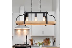 WUZUPS 3-Light Metal Pot Hanging Rack Chandelier Imitation Light Wood Grain Linear Pendant Ceiling Lighting Rustic Farmhouse Fixture Kitchen Island Dining Room, H 9.8" L 24.8" W11.8, E26 Base, Nickel