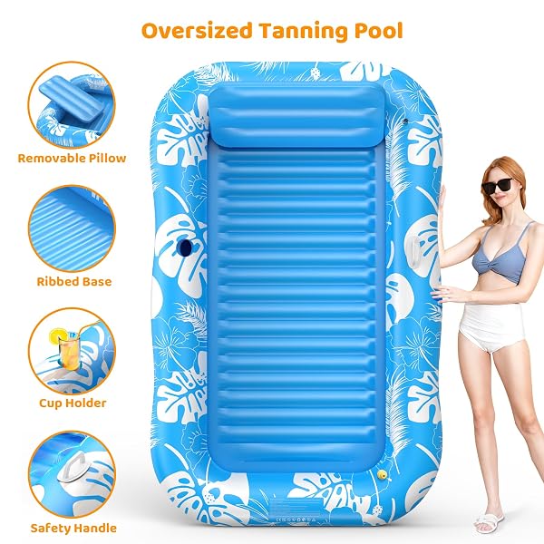 INFLATABLE TANNING POOL LOUNGER FLOAT WITH SPRINKLER, 77″ X 48″ POOL FLOATS ADULT WITH PILLOW, 6 IN 1 SUNTAN TUB RAFT FLOATIE WITH DRINK HOLDER SUNBATHING WATER LOUNGE
