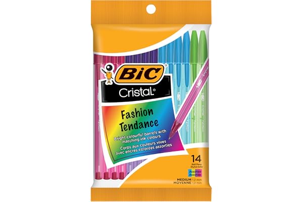 BIC Cristal Orginal Ballpoint Pen, Medium Point (1.0mm), With Tungsten Carbide Ball For Smooth Flow, Assorted Colours, 14-Cou