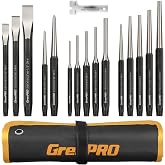 GRENPRO 16‑Piece Heavy Duty Punch Chisel Set, 40CrV with Storage Pouch | 5 Taper Punch, 3 Cold Chisels, 4 Pin Punch, 2 Center Punch, Chisel Punch Gauge | 48-58HRC | Metalwork Woodworking Auto Repair