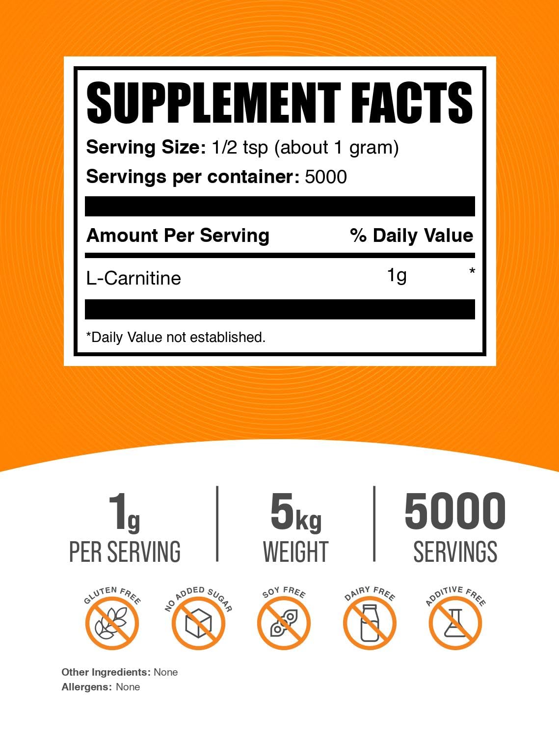 BulkSupplements.com L-Carnitine Powder - Carnitine Supplement, Amino Acid Supplement - Unflavored & Gluten Free, 1g per Serving, 1kg (Pack of 5) (11 lbs)