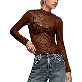 MISSACTIVER Sexy Lace Mesh Long Sleeve Sheer Top for Women See Though Mock Neck Bow Tee Shirt Blouse