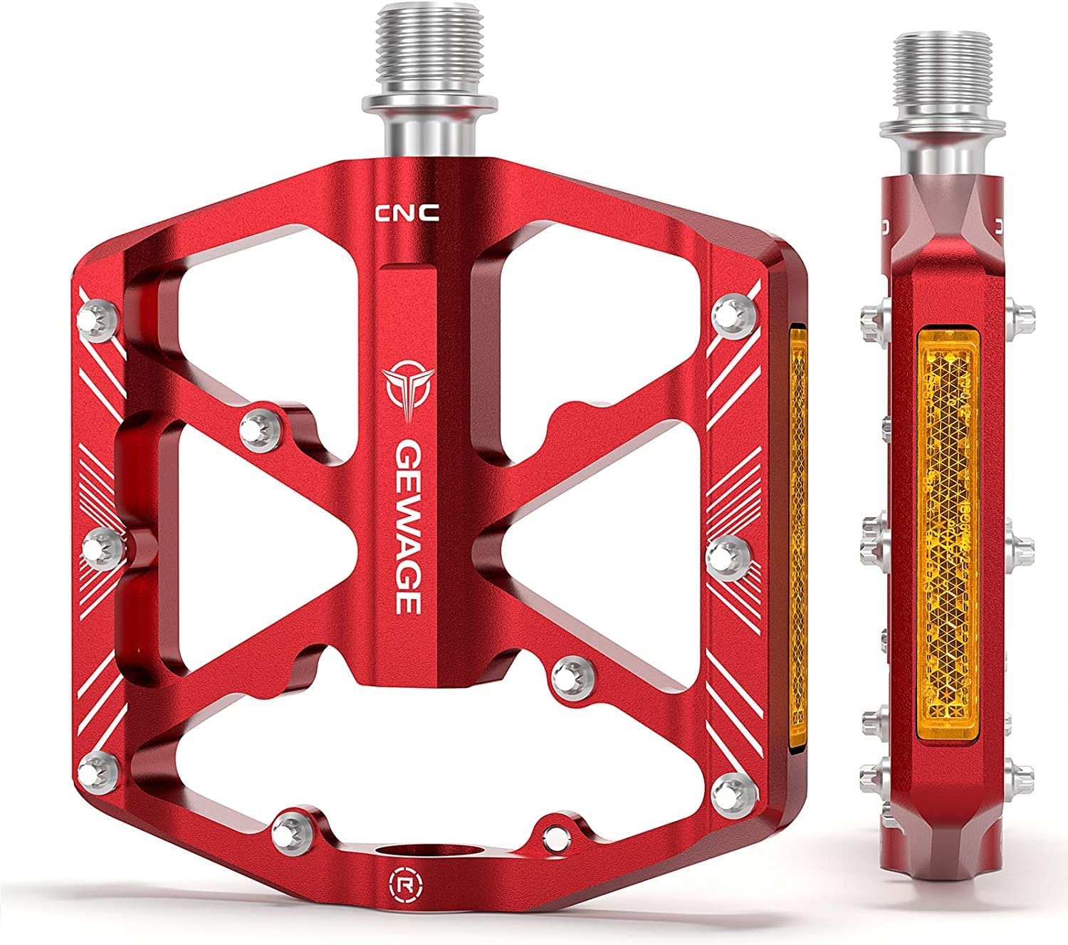 GEWAGE Bike Pedals With Reflective Strips, 3 Sealed Bearings Non-Slip CNC Aluminum Bicycle Platform 9/16" Pedals For Road Bike MTB E-Bike. (Red)