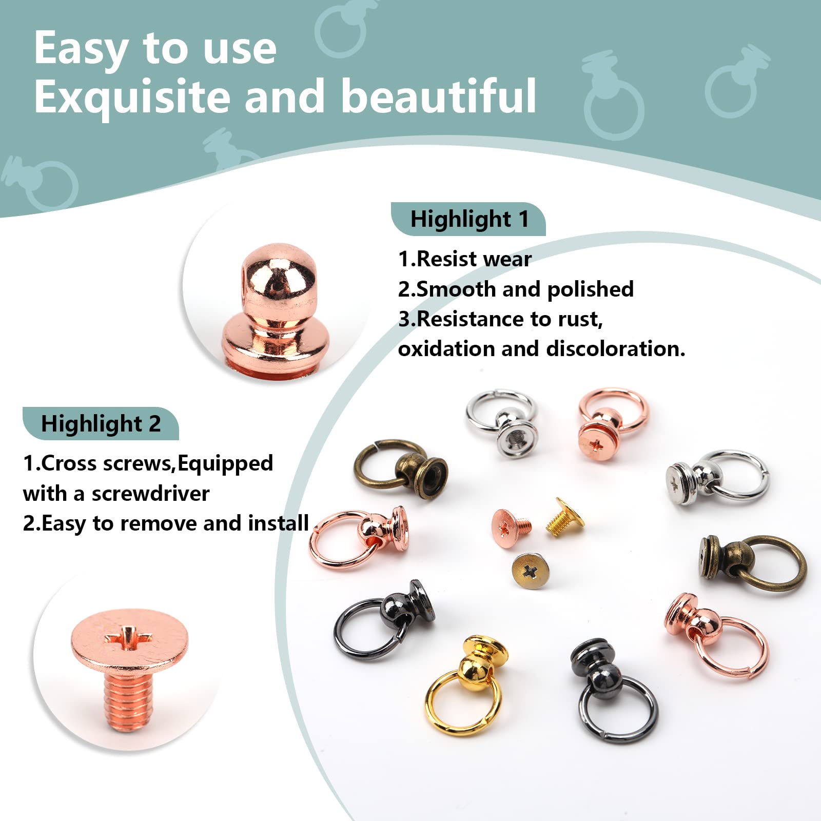 50pcs Screwback Round Head Rivet with Pull Ring Studs with Screwdriver for DIY Leather Craft Belts Purse Handbags Phone Cas (Multicolour)