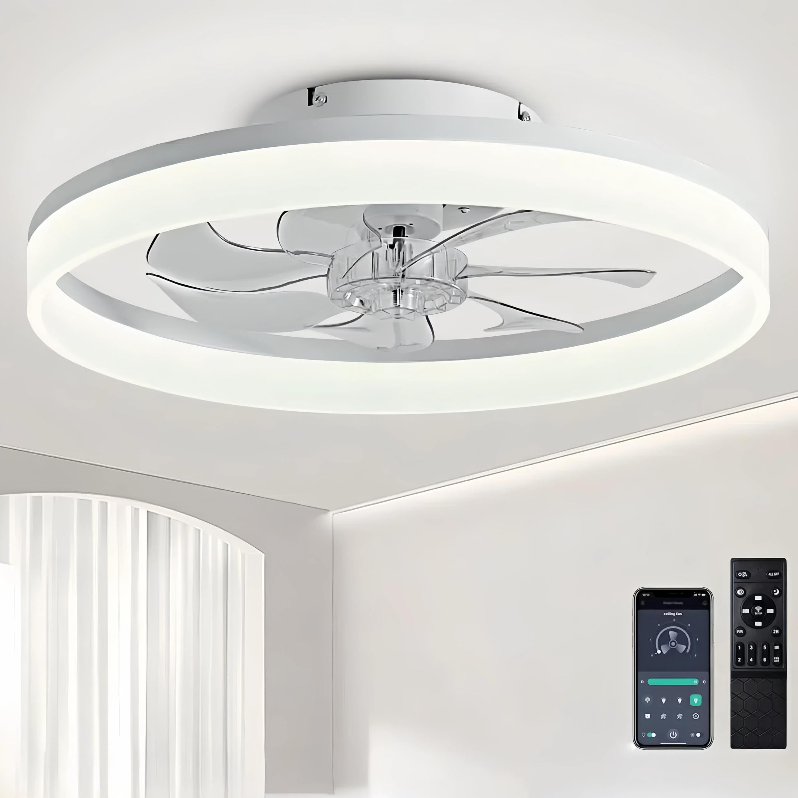 50 cm Ceiling Fan with Lighting 48 W 220 V Dimmable Ceiling Light with Remote Control and App 6 Speeds Lamp with Fan Timer Bedroom Living Room Black