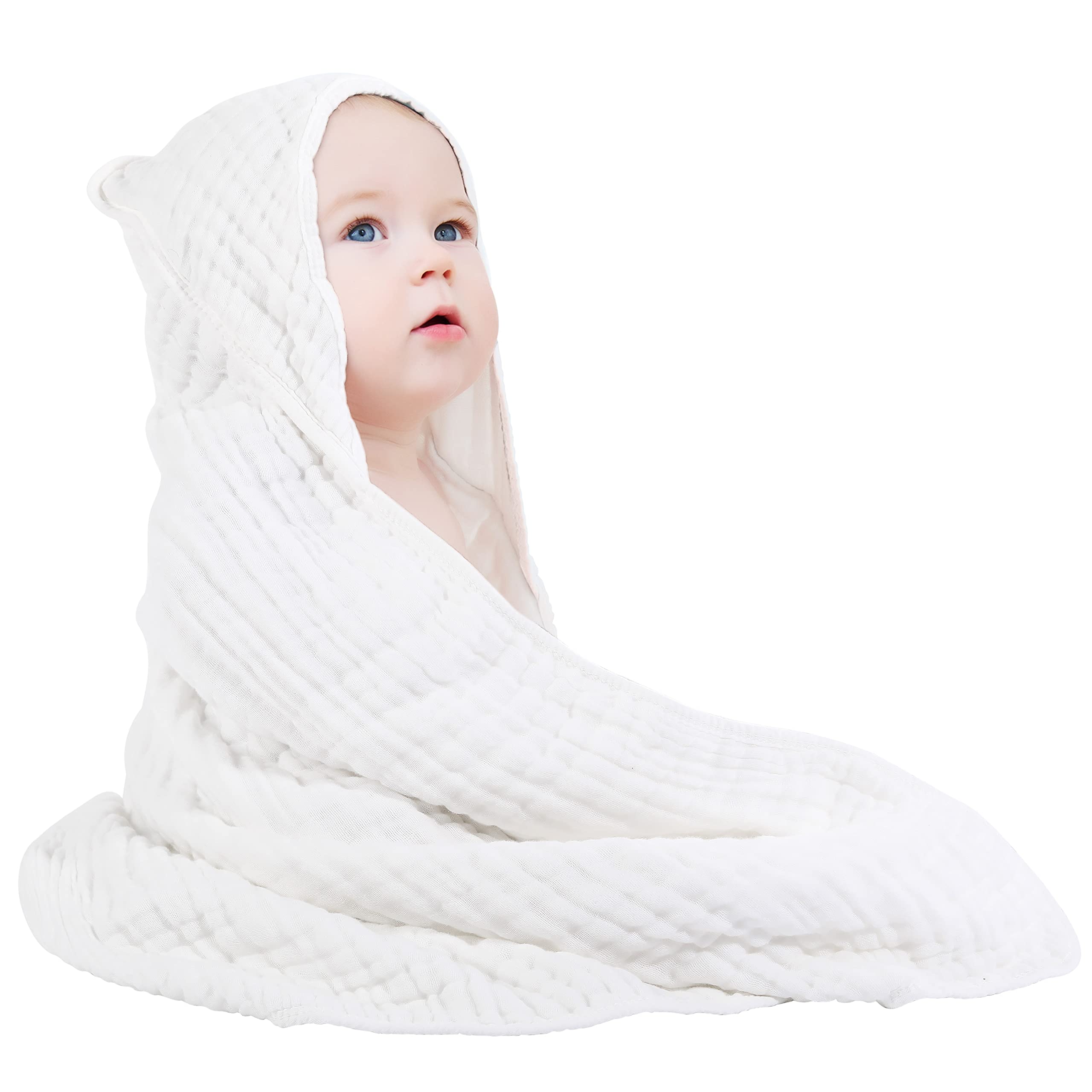 Photo 1 of Yoofoss Hooded Baby Towels for Newborn 100% Muslin Cotton Baby Bath Towel with Hood for Babies, Infant, Toddler and Kids, Large 32x32Inch, Soft and Absorbent Newborn Essential