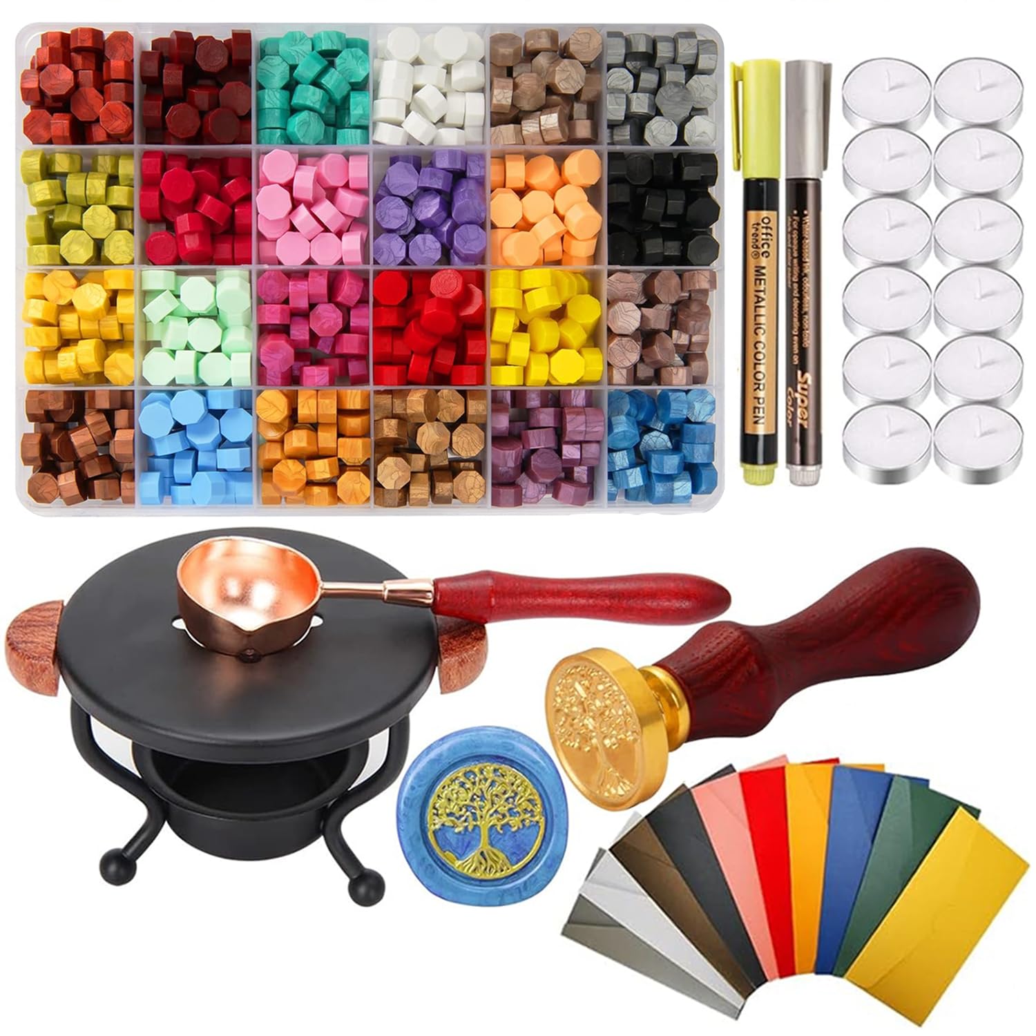 748 PCS Wax Seal Stamp Kit, WEWINK PLUS 720 PCS Wax Sealing Beads Set with Stamp, Warmer and Spoon, 12PCS Tea Candles, 10PCS Envelopes, 2PCS Pen for Invitations, Crafts, DIY, Letter, Gifts, Decor