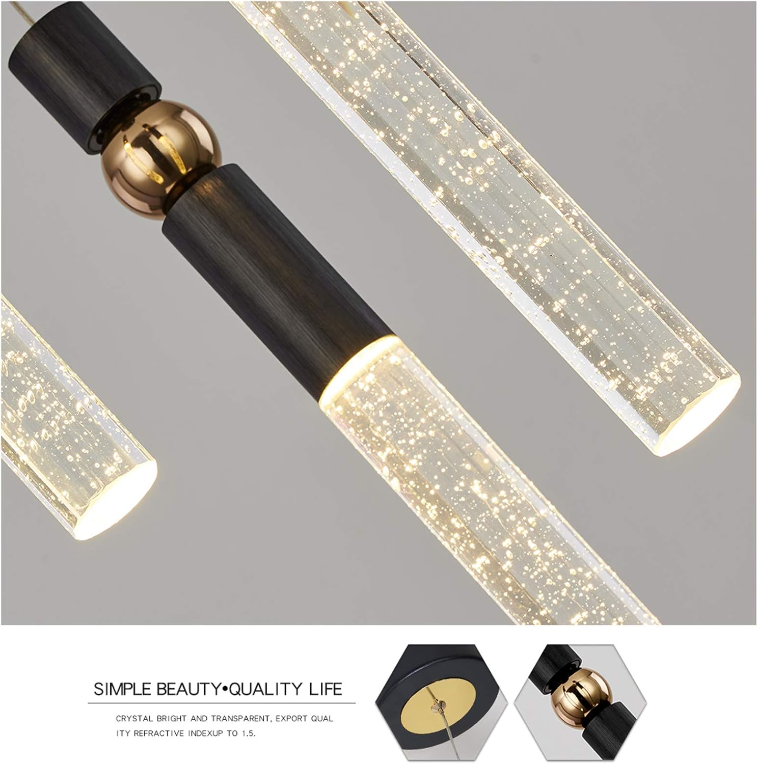 JoollySun Modern Pendant Light Fixtures - Mini LED Hanging Lighting with Seeded Crystal Cylinder for Kitchen Island Dining Room Bedroom Warm White 3000K - Black Gold - - 