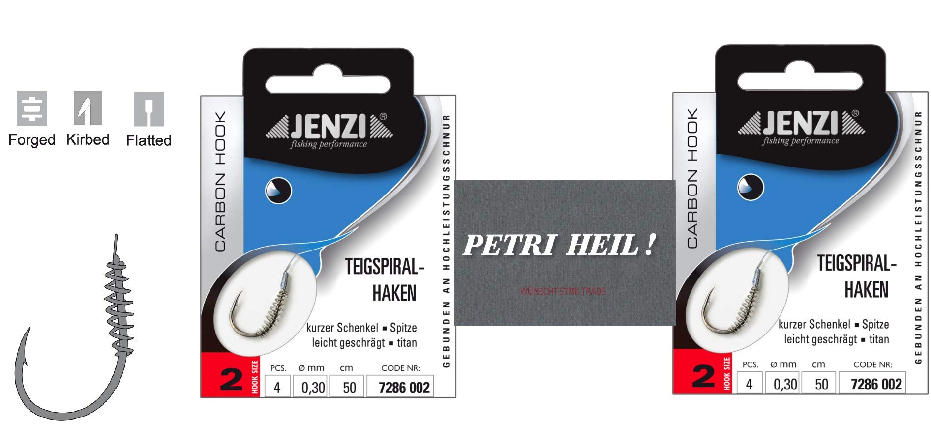 .Jenzi Set: 2 packs of dough spiral hooks trout hooks, dough hooks tied (8 pieces) hook size 2, Fishing Accessories + Petri Heill! sticker.