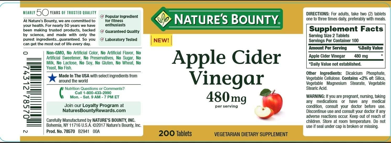 Nature's Bounty Apple Cider Vinegar Dietary Supplement, Supports Energy Levels and Metabolism, Plant Based, 480mg, 200 Tablets: Health & Personal Care