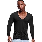 Zbrandy Deep V Neck Shirts Men Long Sleeve Stretch T-Shirt Low Cut Undershirts Tees