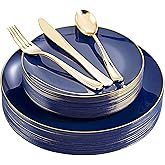 YOUBET 125PCS Blue Plastic Plates - Navy Blue Disposable Plates With Gold Rim Include 25 Dinner Plate, 25 Dessert Plate, 75 Gold Silverware Cutlery for Party & Wedding