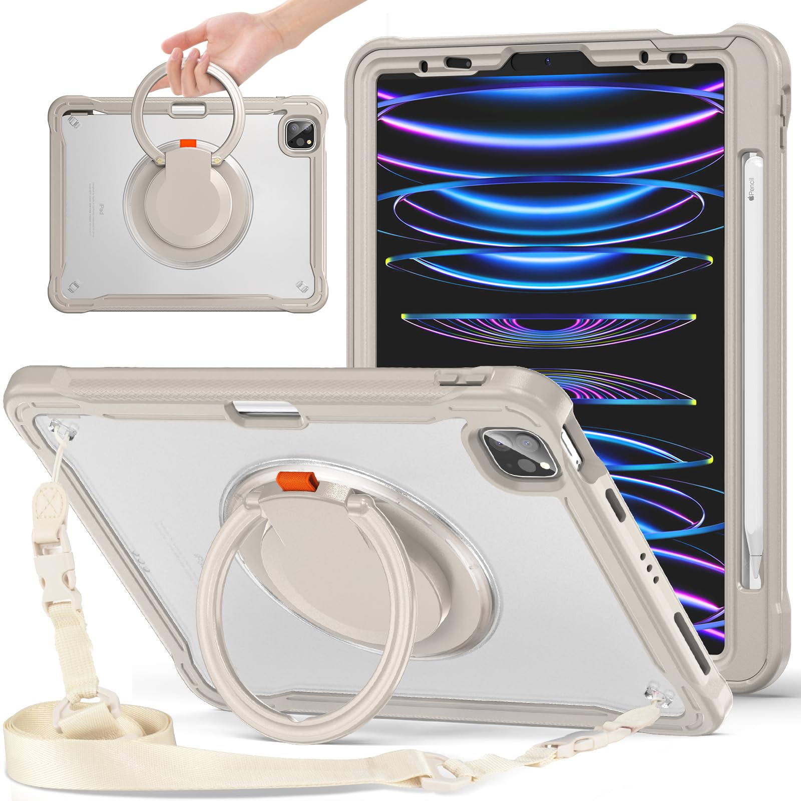 PboyiqiS for iPad Air 11 2026/2025/2024 Case, Aslo for iPad Air 5/Air 4/Pro 11 Clear Case,360 Rotating Stand, Shoulder Strap, Built-in Stylus Holder, Full Body Shockproof Sturdy Cover (Khaki)